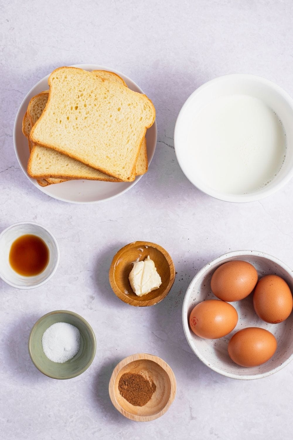 Brioche French Toast Ingredients: Milk, Eggs, Vanilla Extract, Cinnamon, Butter and Maple Syrup