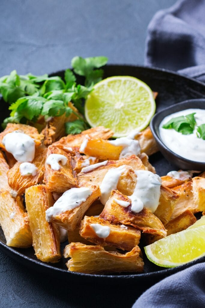 Fried Yucca with Lime and Cilantro Sauce