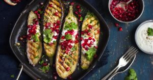 Grilled Vegan Eggplant with Yogurt Sauce and Pomegranate