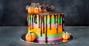 Homemade Halloween Cake with Pumpkin and Bat Decorations
