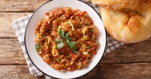 Homemade Indian Mashed Eggplant with Tomatoes and Spices