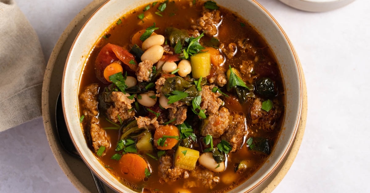 Homemade Italian Sausage Soup with Carrots, Potatoes, Parsley and Spices