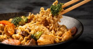 Homemade Yakisoba Noodles in a Black Plate
