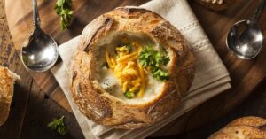 Homemade Broccoli and Cheddar Soup in a Bread Bowl