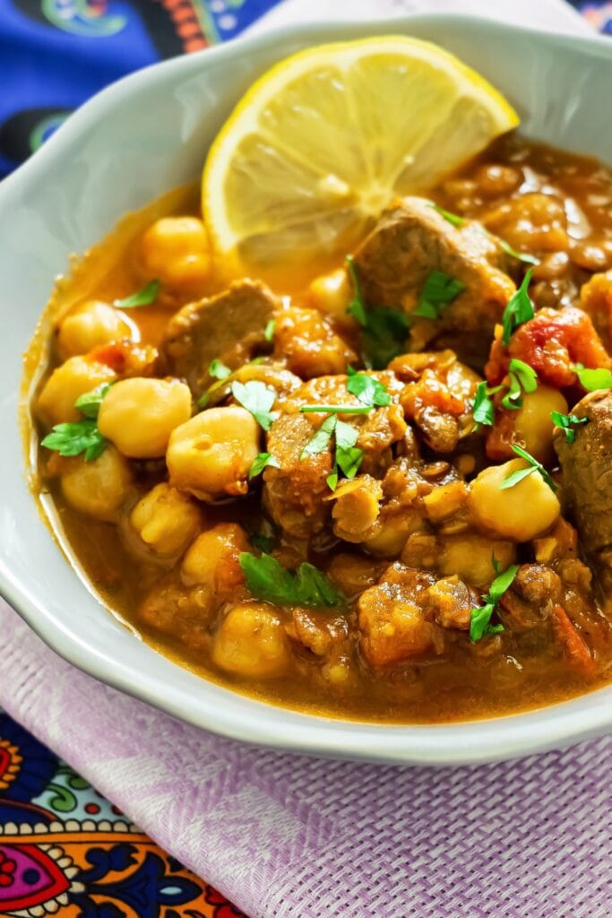 Moroccan Lentil Soup Harira with Lemons and Meat
