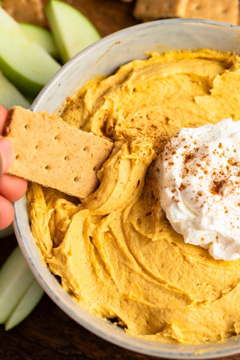 Pumpkin Fluff Dip with Green Apples and Crackers