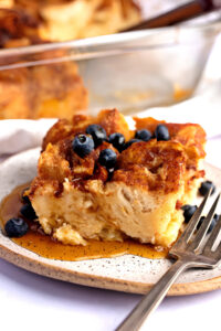 Sliced Homemade French Toast with Blueberries and Syrup