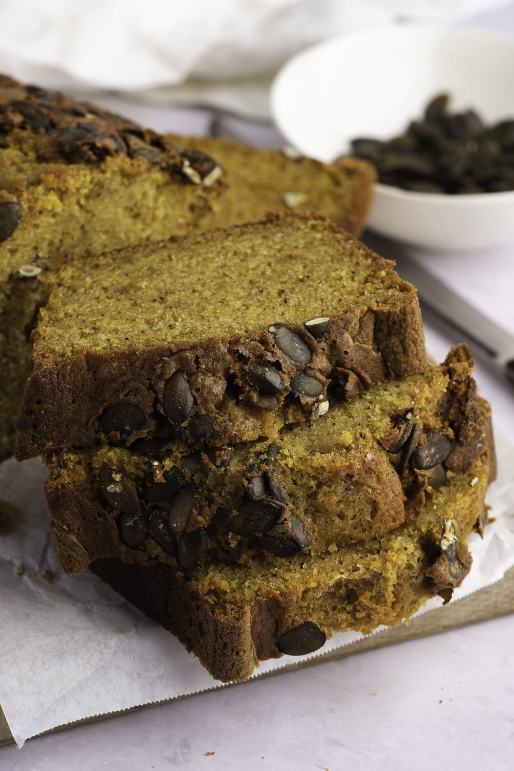 Sliced Starbucks Pumpkin Loaf with Pumpkin Seeds